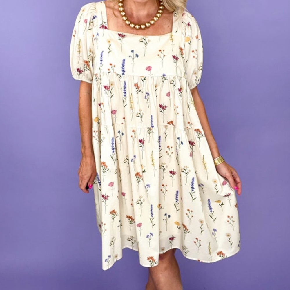 Like Love Ivory Floral Square-Neck Mini Dress with Puff Sleeves